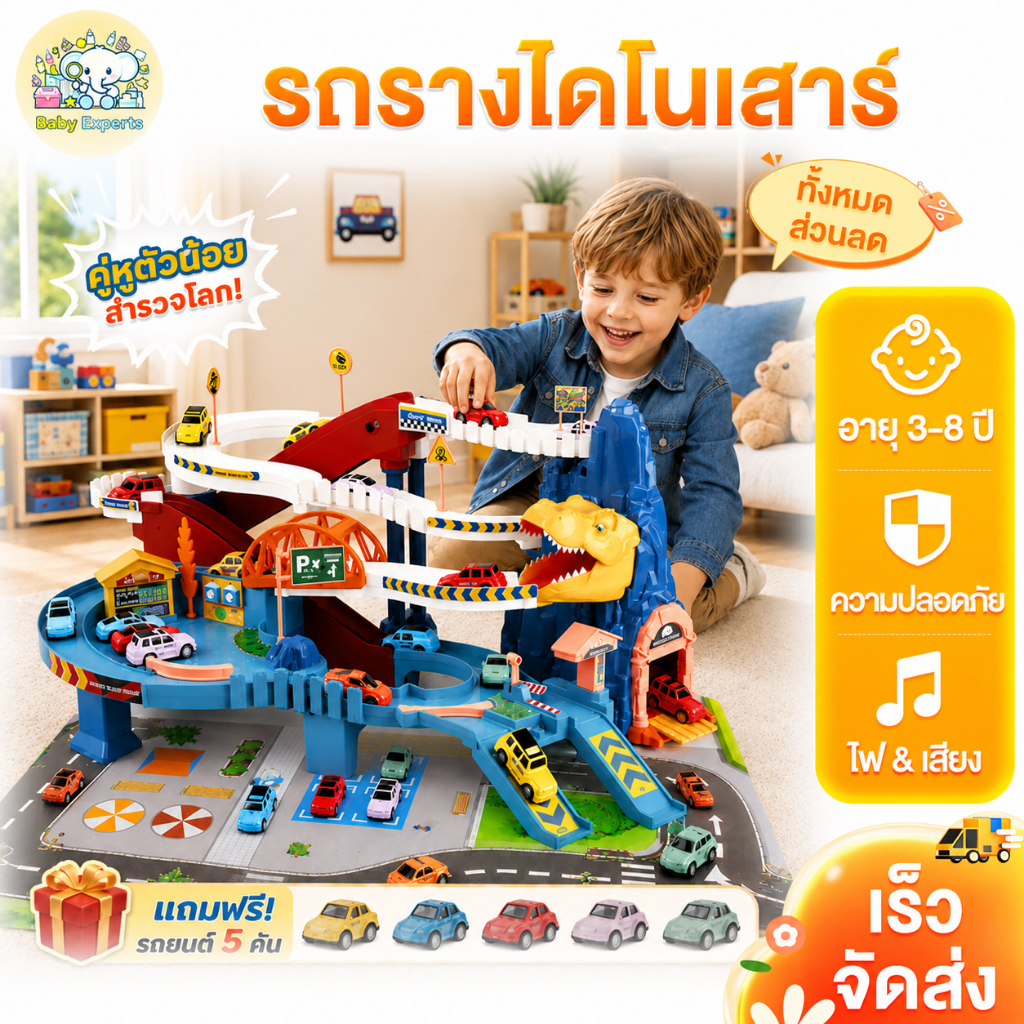Beige รางรถแข่ง รางรถของเล่น รถราง รถรางไฟฟ้า ของเล่นเด็กผู้ชาย รถรางไดโนเสาร์ ชุดรางรถไฟขนาดใหญ่