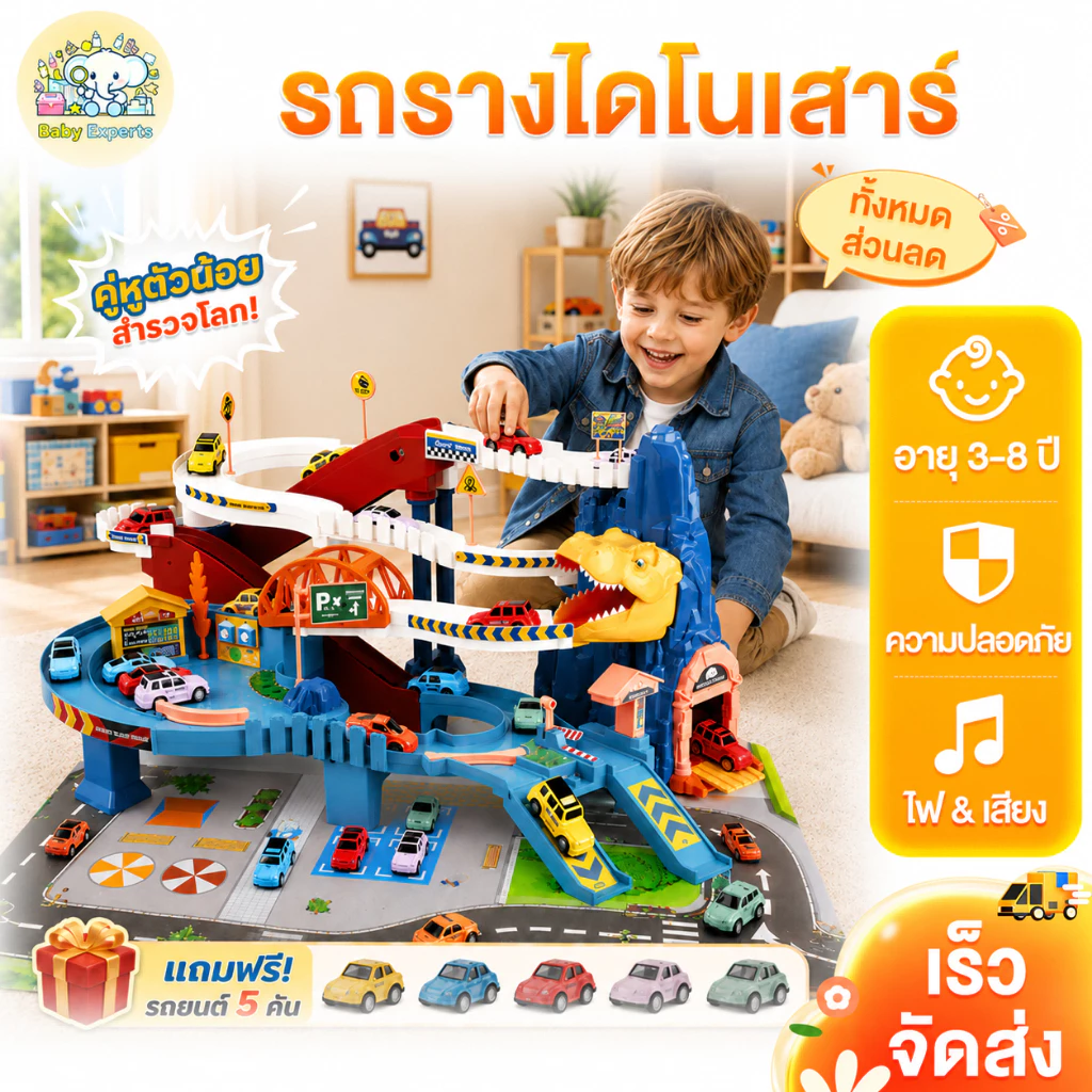 Beige รางรถแข่ง รางรถของเล่น รถราง รถรางไฟฟ้า ของเล่นเด็กผู้ชาย รถรางไดโนเสาร์ ชุดรางรถไฟขนาดใหญ่