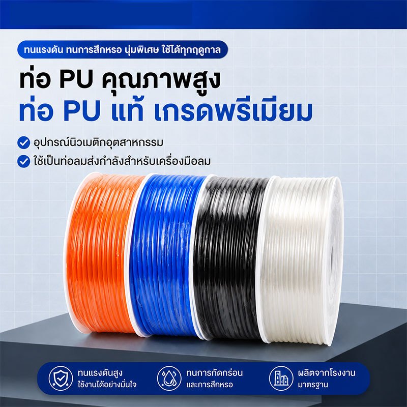สาย PU สายลม นิวเมติก Pneumatic มี 4mm ถึง 16mm ราคาต่อม้วน มีสีใส สีดำ สีฟ้า สีส้ม ขายจากโรงงาน
