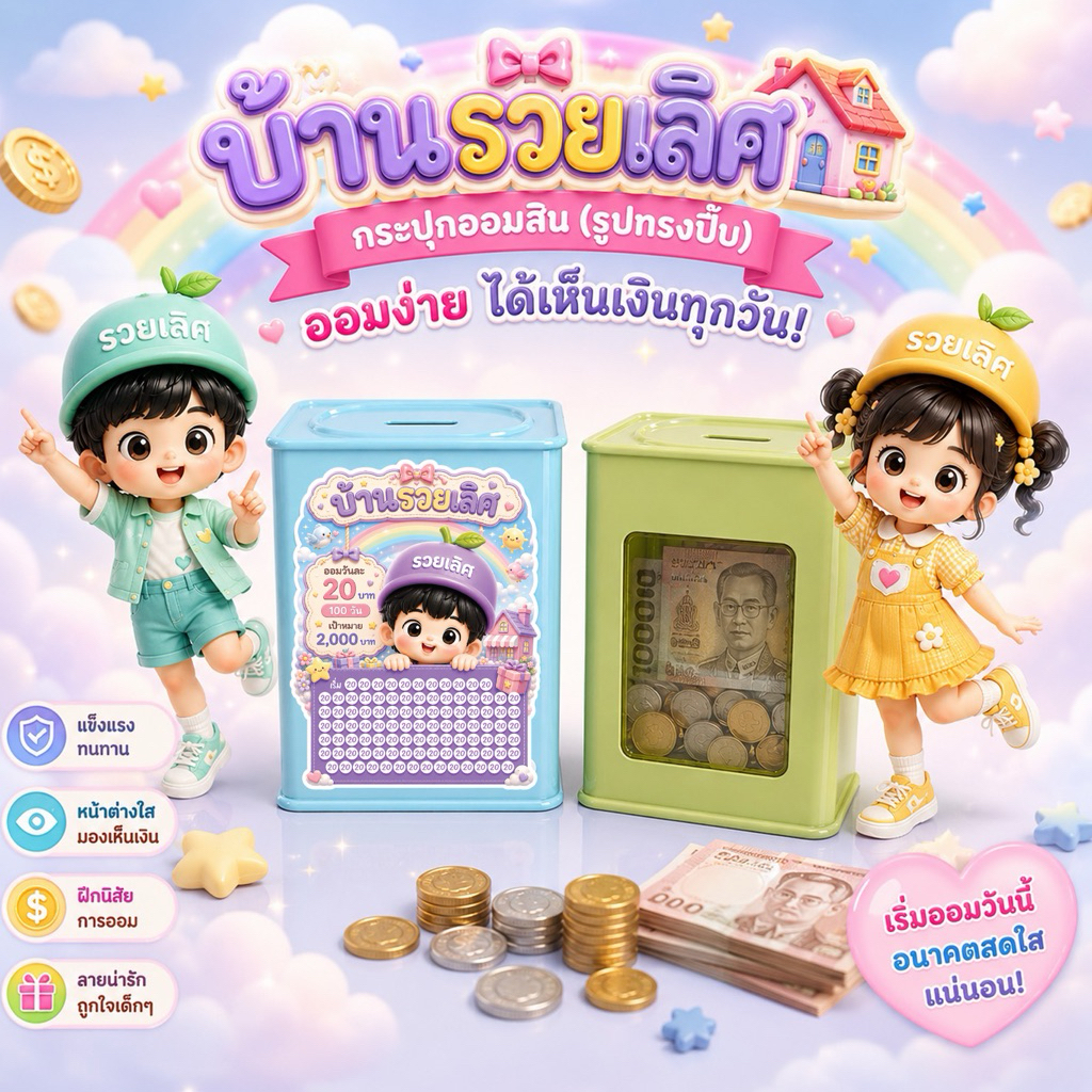 กระปุกออมสินพลาสติก 9*12 cm ( รูปทรงปี๊บ ) พร้อมสติกเกอร์ กันชื้น