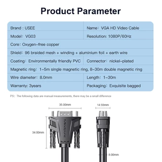 USEEสายต่อภาพจอ สาย V1080P@60HZVGA HD Cable สายทองเหลือง มีขนาด1เมตร , 2เมตร. 3เมตร , 5เมตร