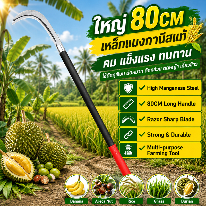 เคียวแมงกานีส 60/80cm เคียวเหล็กแมงกานีส เคียวเกี่ยวหญ้า นทานไม่เป็นสนิม คียวตัดกิ่งไม้ ทำจากเหล็กแมงกานีสแท้100%