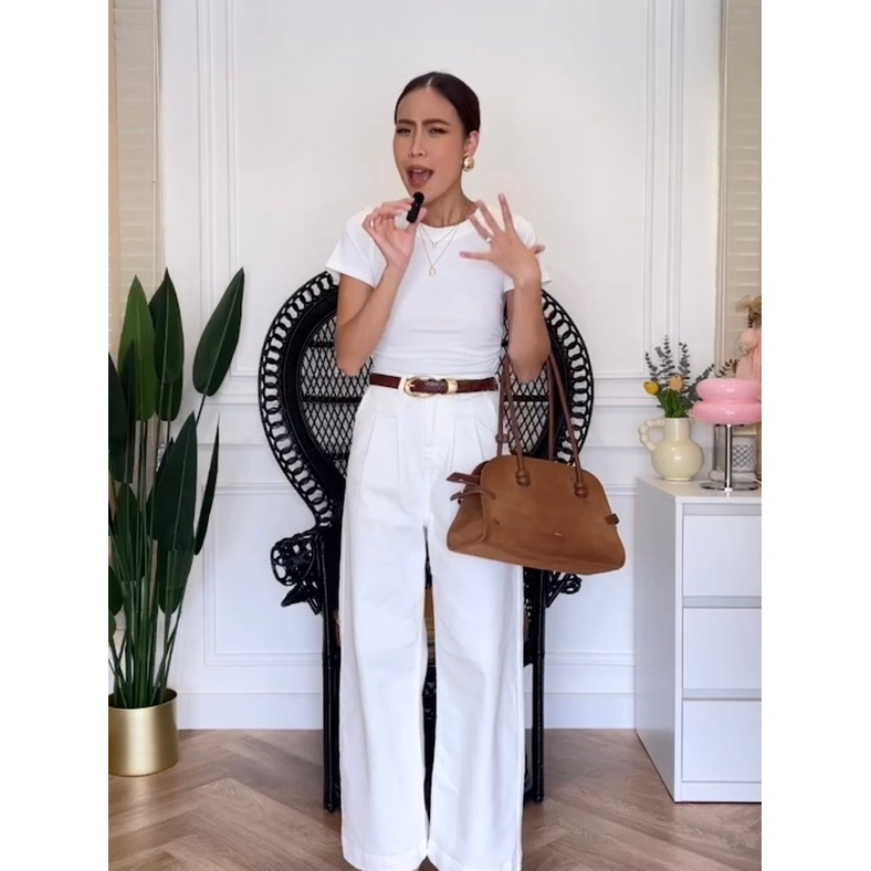 HUNG JEANS รุ่น Penny Jeans (HJ60) กางเกงยีนส์ ทรงกระบอกใหญ่ ดีเทลจับจีบ สีขาว Off-White | Japanese Denim Cotton 100%