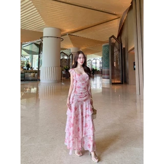 ชุดออกงาน ชุดเพื่อนเจ้าสาว koolykoolพร้อมส่ง(S-3XL) สายเกลียวรูดเอวระบายหน้าผ้าชีฟองลาย DJ01