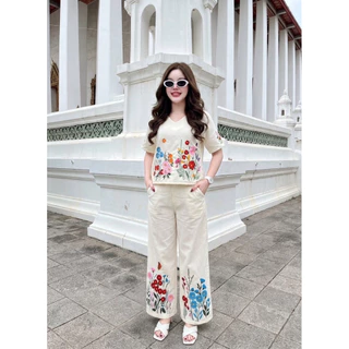 A1579 ชุดเซตเสื้อ + กางเกงขายาว ลินิน สีครีม ปักดอกไม้สีสัน