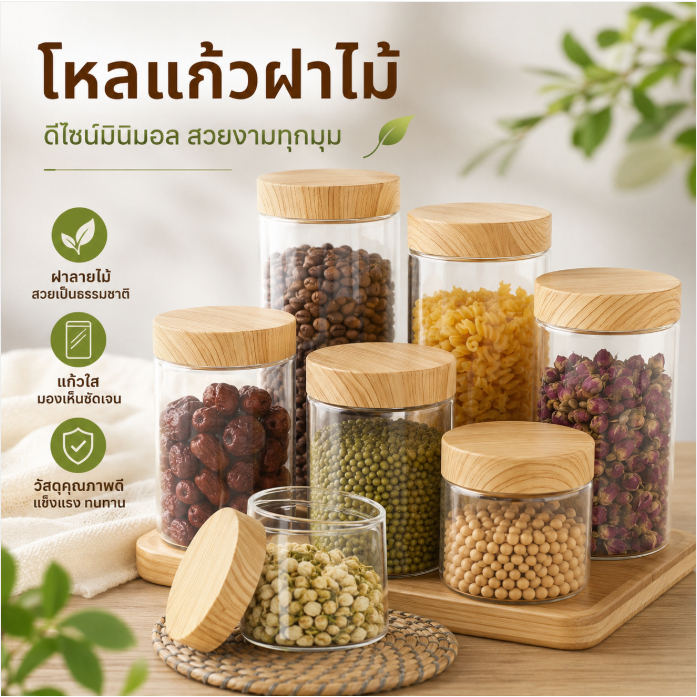 LEMO-T โถเปล่าใสพร้อมฝาพลาสติกเลียนแบบไม้เก็บขวดพลาสติก COD