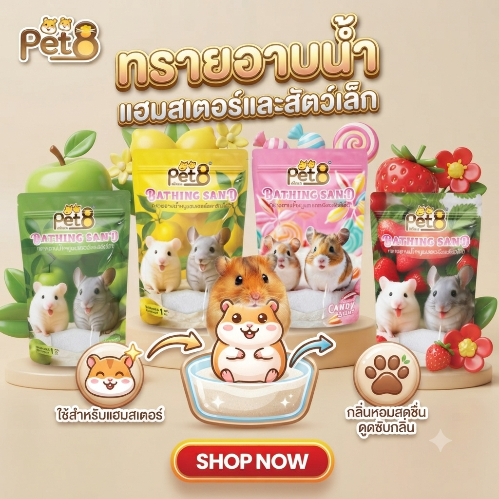 Pet8 ทรายอาบน้ำหนูแฮมสเตอร์  ทรายธรรมชาติ เพื่อผิวอ่อนโยน1kg พร้อมส่ง