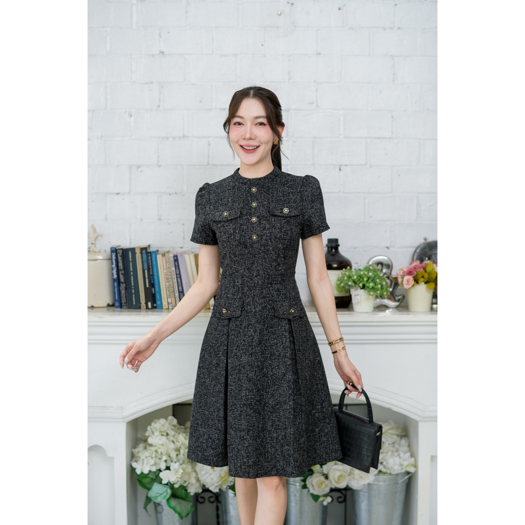 A299ชุดเดรสคอกรมทรงเกาหลีผ้าสวยเข้ารูปทรงเป๊ะ