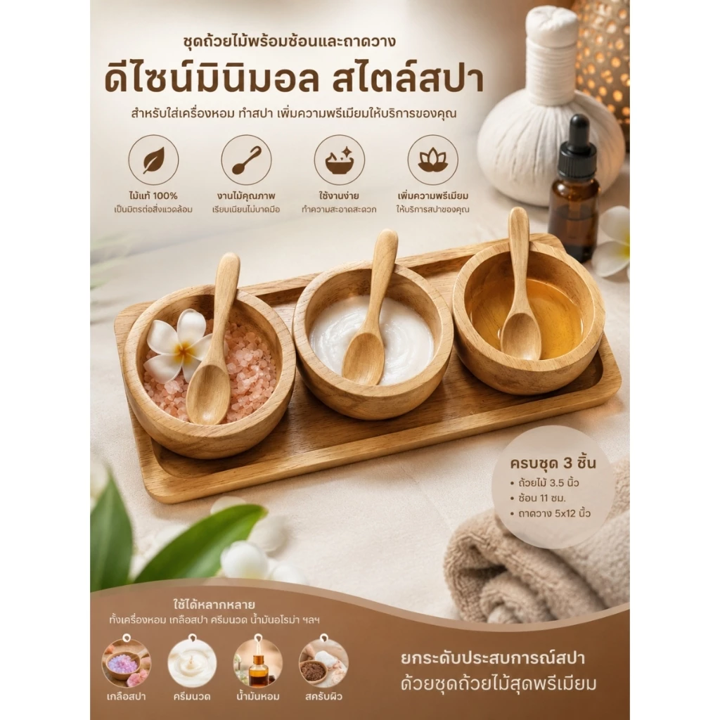 ชุดทำสปา ถ้วยสปา พร้อมช้อนและถาดวาง ช้อน ถ้วยไม้ ถาดไม้วางถ้วยสปา จานไม้