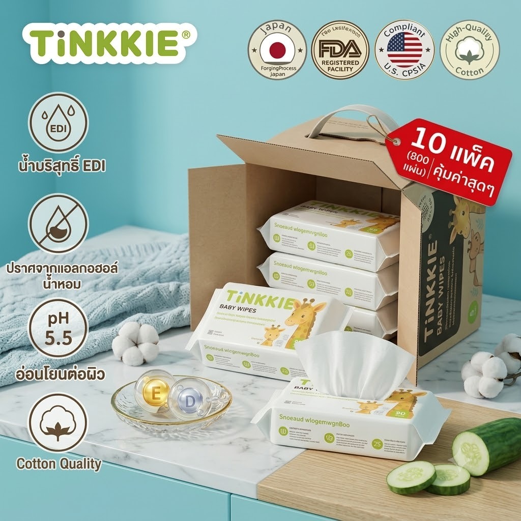 TINKKIE ผ้าเปียกเด็ก 800 แผ่น สูตรอ่อนโยน ไม่มีแอลกอฮอล์ pH 5.5 อ่อนโยนต่อผิว พร้อมส่งจากไทย