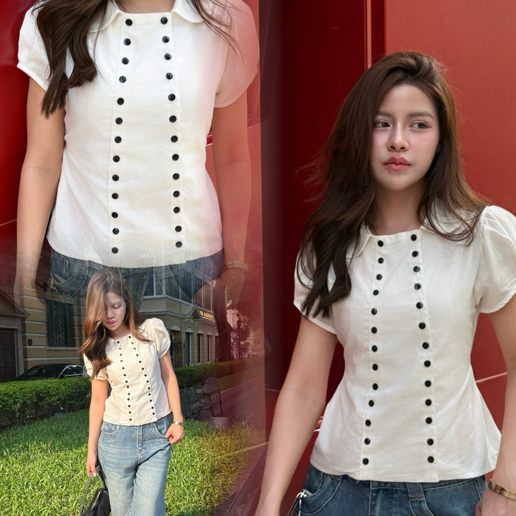 Dolly top - (ดอลลี่ท็อป) เสื้อคอบัวกระดุมสองแถว ผ้าฝ้าย กระดุมแกะใช้งานได้ (ดอลลี่)