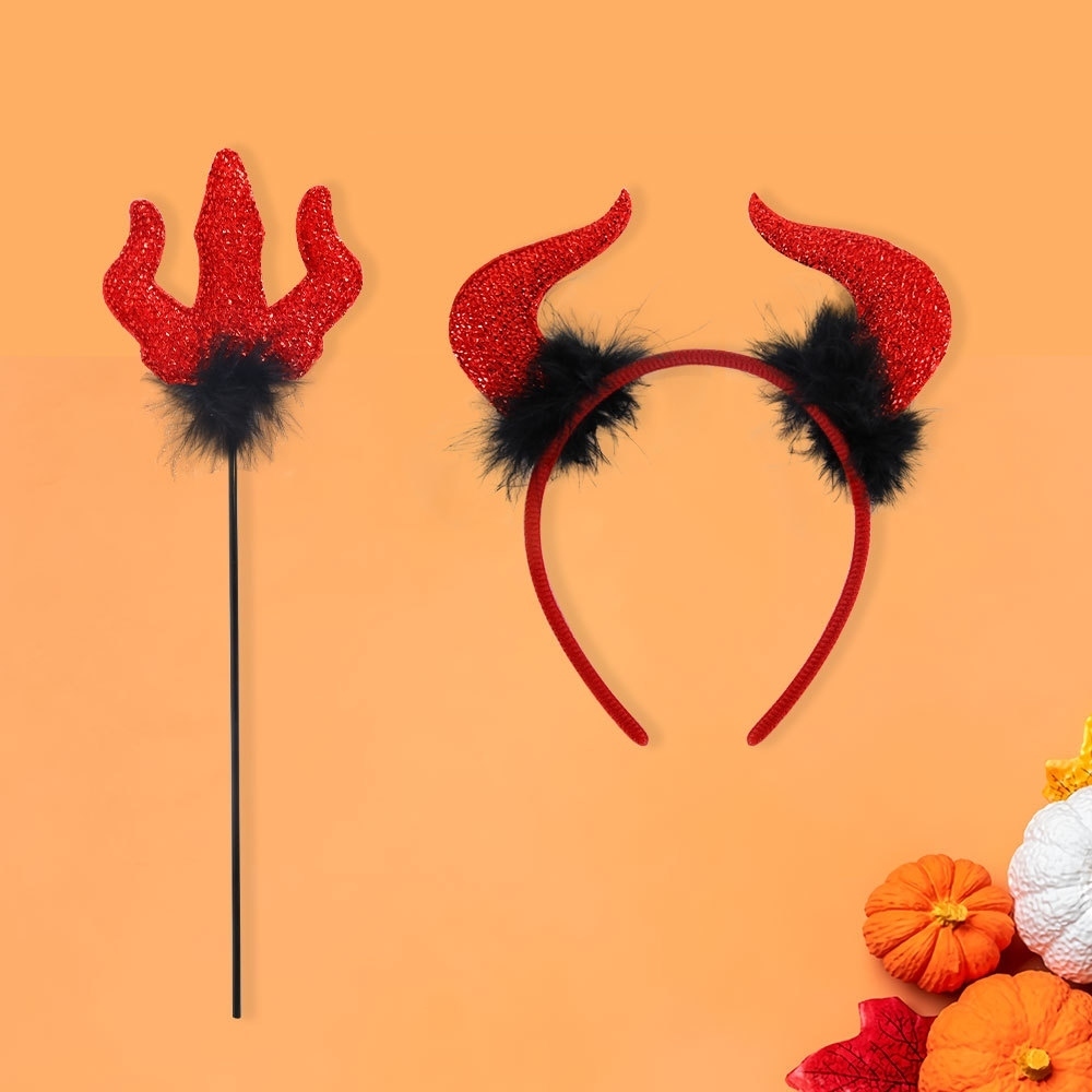 ที่คาดผมฮาโลวีน Halloween Headband ที่คาดผมเขาปีศาจ เขามารประดับขนปุย อุปกรณ์แต่งตัวแฟนซี พร็อพปาร์ตี้วันปล่อยผี
