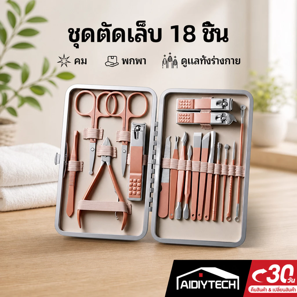 ชุดกรรไกรตัดเล็บ 18ชิ้น เซ็ตทำเล็บสแตนเลสแท้เกรดแพทย์ เครื่องมือดูแลเล็บซอกซอนลึก ตกแต่งเล็บพกพาสะดวก ส่งจากไทย