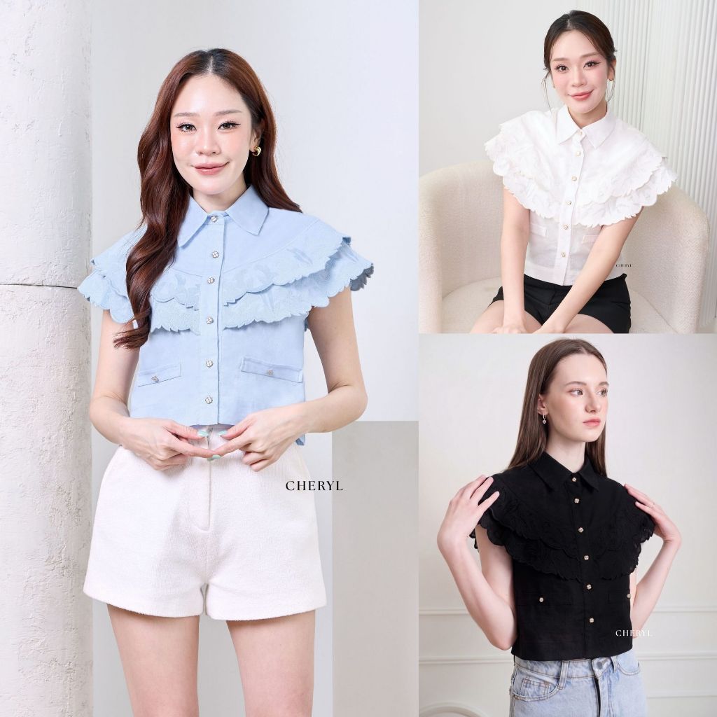 Cheryl brand - Lila Crop Shirt Top / เสื้อครอปผ้า Cotton แต่งระบาย