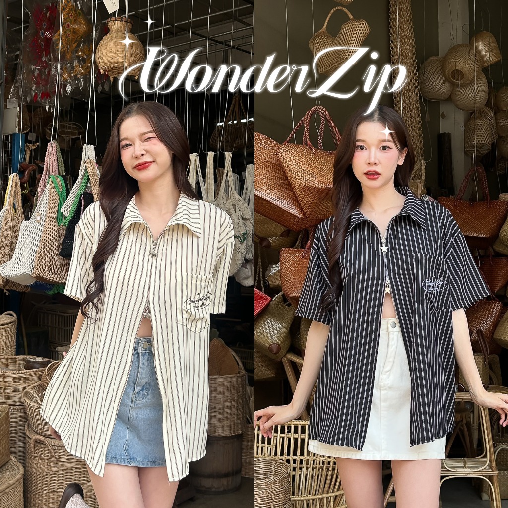 WONDERFUL ZIPby A.M CLUB [เอเอ็ม คลับ] เสื้อเชิ้ตซิปดาวและซิปหัวใจ ปักWONDERFULDAY ทรงโอเวอร์ไซส์  ใส่สบาย
