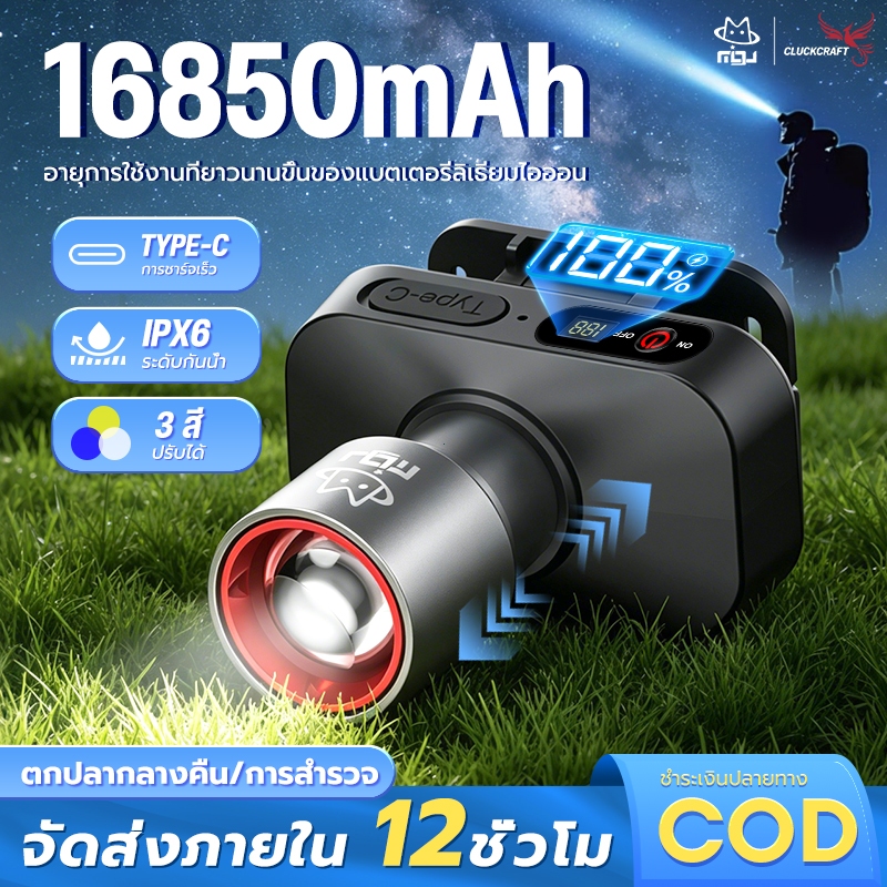 CLUCKCRAFT【ซื้อ 1 แถม 1】ไฟฉายคาดหัว แสงสามสี ไฟคาดหัว LED สว่างไกล ปรับมุมลำแสงได้ กันน้ำ ใช้งานกลางแจ้ง  ส่องไกล