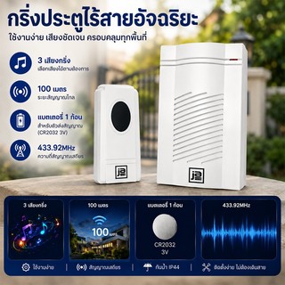 กริ่งประตูไร้สาย กริ่งไร้สาย แบบใช้แบตเตอรี่ Wireless Doorbell ระยะไกล 100 เมตร 3 เสียง 433.92MHz ใช้ถ่าน AAA