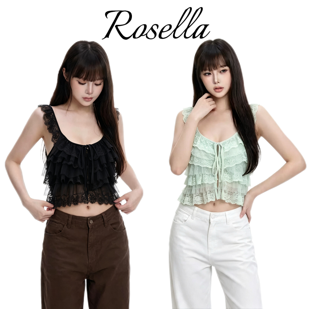 Rosella【สินค้าใหม่👗】เสื้อสายเดี่ยวคอกลมสีขาวระบายลูกไม้สุดโรแมนติก