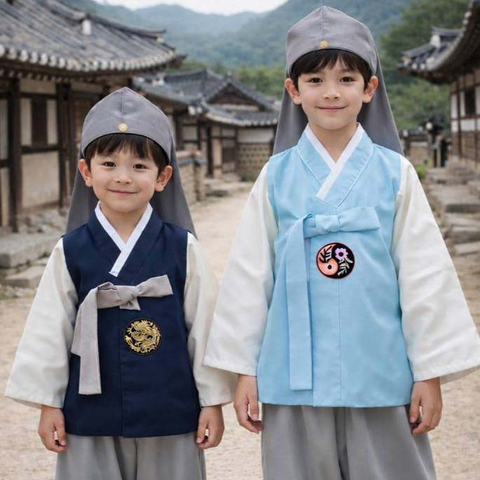 ชุดฮันบกเด็กชาย ผ้าชีฟอง เสื้อสีกรมท่า-กางเกงสีเทา พร้อมหมวก