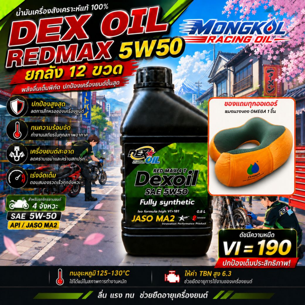 [ส่งด่วน] ยกลัง 12 ขวด Dexoil Red Max 5W-50 JASO MA2 กรุ๊ป4+5 น้ำมันเครื่องสังเคราะห์แท้ ขนาด 0.8 L.