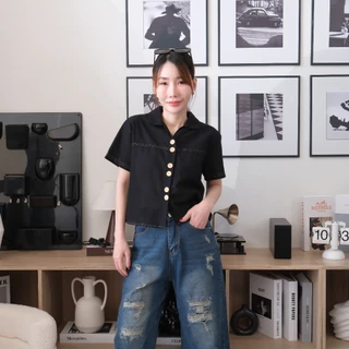 Lawyer Store | [921982] เสื้อคอปกแขนสั้น กระดุมคู่ แต่งตะเข็บ ผ้าฝ้ายลินิน ใส่สบาย เสื้อผู้หยิง เสื้อแขนสั้น เสื้อเชิ๊ต