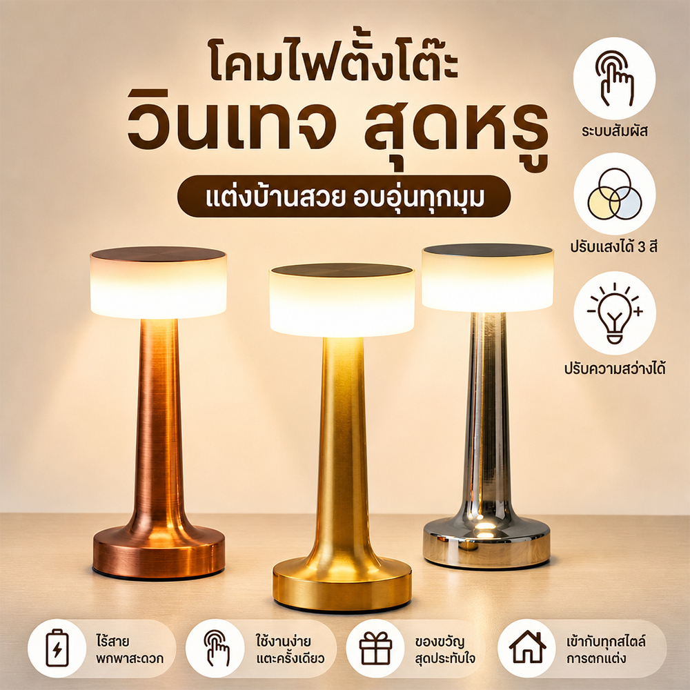 [พร้อมส่ง] โคมไฟตั้งโต๊ะ LED ไร้สาย สไตล์อินดัสเตรียล สัมผัสปรับแสง 3 สี แบตอึด 13 ชม. ถนอมสายตา กันแสงจ้า ประหยัดไฟ