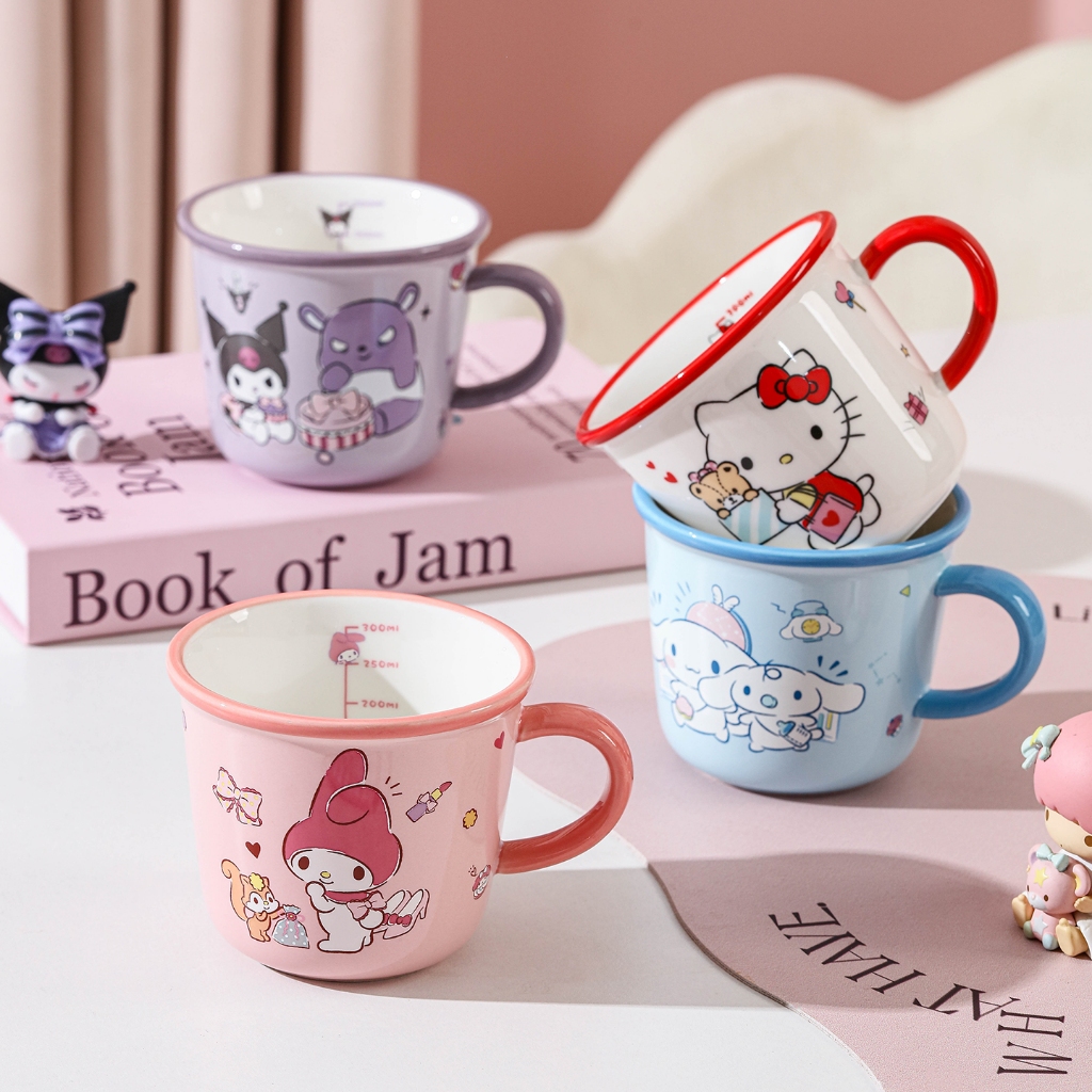 แก้วเซรามิก Sanrio ถ้วยตวงมีขีดบอกปริมาตร รวมกล่องของขวัญ ใช้กับไมโครเวฟได้ My Melody/Hello Kitty/Kuromi/Cinnamoroll