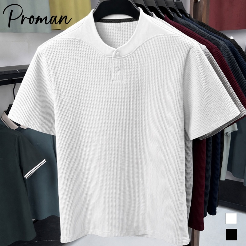 PROMAN เสื้อยืดแขนสั้นคอเฮนรี่ผู้ชาย สไตล์เกาหลี สไตล์โอลด์มันนี่ สีพื้นเรียบ ทรงหลวม แมตช์เสื้อผ้าได้หลากหลาย พร้อมส่ง