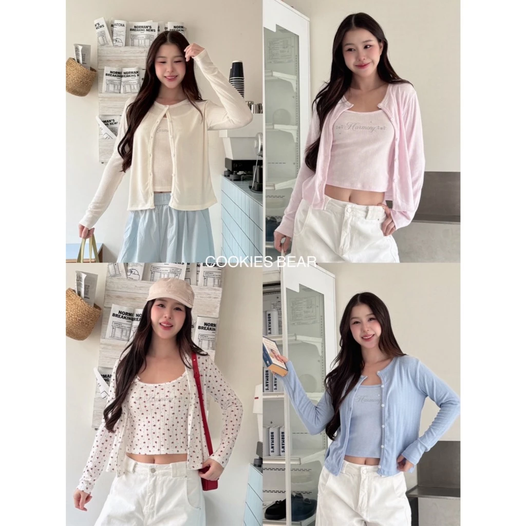 A01 - งานเซต2ชิ้น เสื้อสายเดี่ยว + เสื้อคลุม ผ้าฉลุพิมพ์ลายน่ารัก ติดดาวเงิน