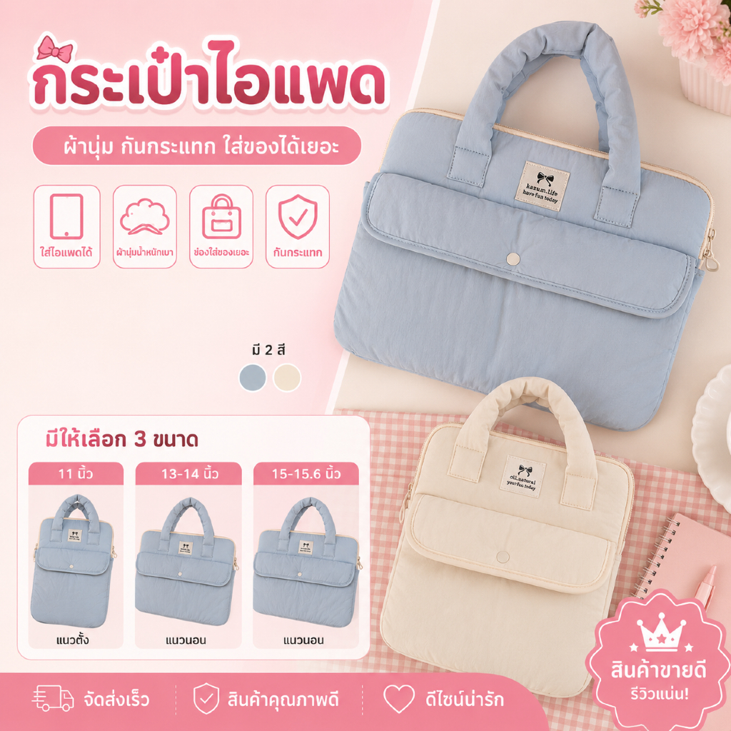 🇹🇭B.wishes กระเป๋าใส่แท็บเล็ต สำหรับไอแพด ipadbag กระเป๋าโน้ตบุ๊ค ขนาด 11" 13" สีพาสเทล ช่องเยอะ สไตล์เกาหลี