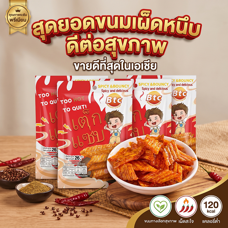 BTC ขนมกรอบรสเผ็ด สแน็คข้าวกรอบ รสชาติอร่อย เผ็ดกำลังดี ขนมกินเล่น 26g
