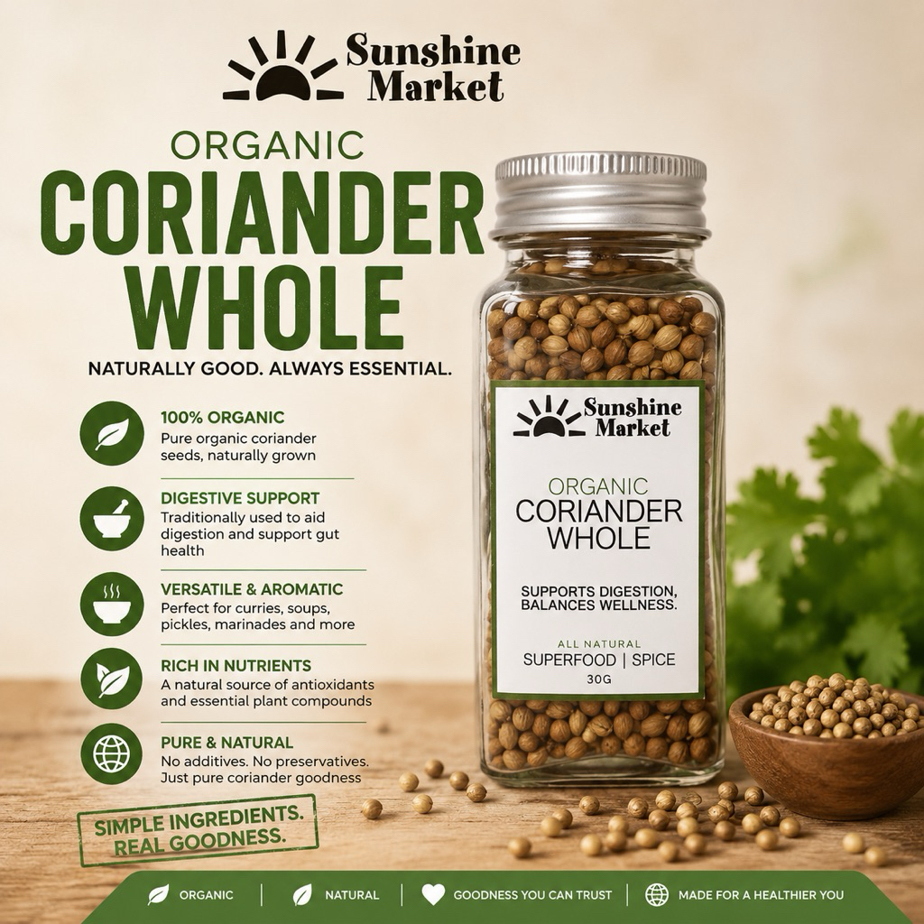 Organic Coriander Seeds whole 30g |เมล็ดผักชีทั้งเมล็ดแบบออร์แกนิก |Sunshine Market