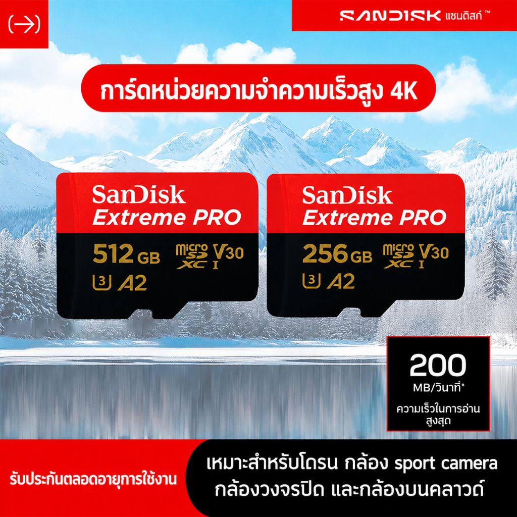 (ส่งด่วน) SANDISK Micro SDcard Extreme Pro 32GB/64GB/128GB/256GB (200MB) UHS-I V30 U3 เมม Memory card แท้