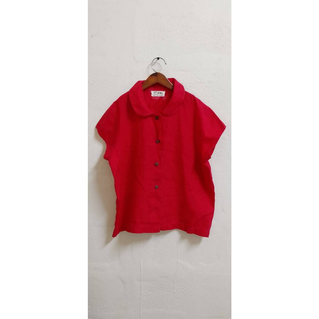 เสื้อลินิน 5th JAN สีแดง | เชิ้ตโอเวอร์ไซซ์ กระดุมไม้ ผ้าลินินแท้ มือสองสภาพสวย   อก 43