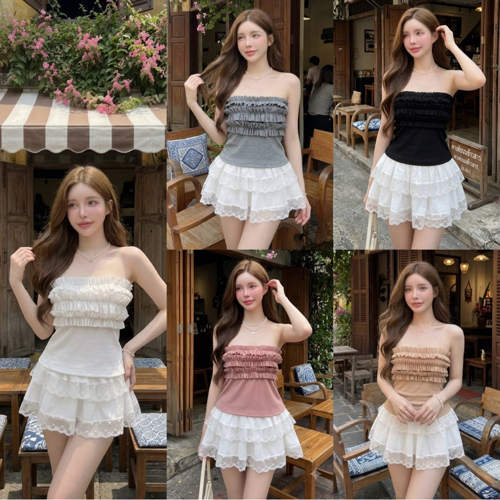 เสื้อเกาะอกผ้ายืดผ้าร่อง ดีเทลจีบระบายหลายชั้นช่วงอก เพิ่มความหวาน