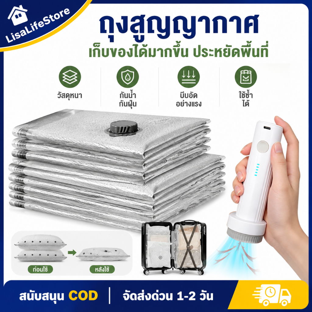 ชุดถุงสุญญากาศ 19 ชิ้น + ปั๊มไร้สาย วัดความหนาได้จริง 1.5 ซม หลังบีบอัด ความชื้น ทดสอบความชื้น 82% 72 ชม ไม่รั่ว