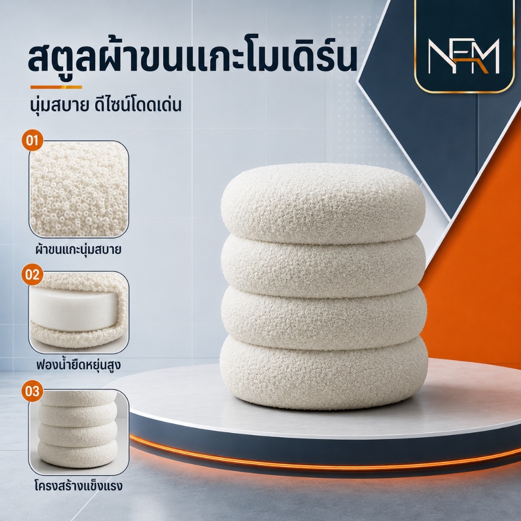 NestFil เก้าอี้แต่งหน้า สตูลกลม ผ้าขนแกะ ความสูงที่หลากหลาย โครงไม้สนแท้ ไม่เสียรูปทรงง่าย