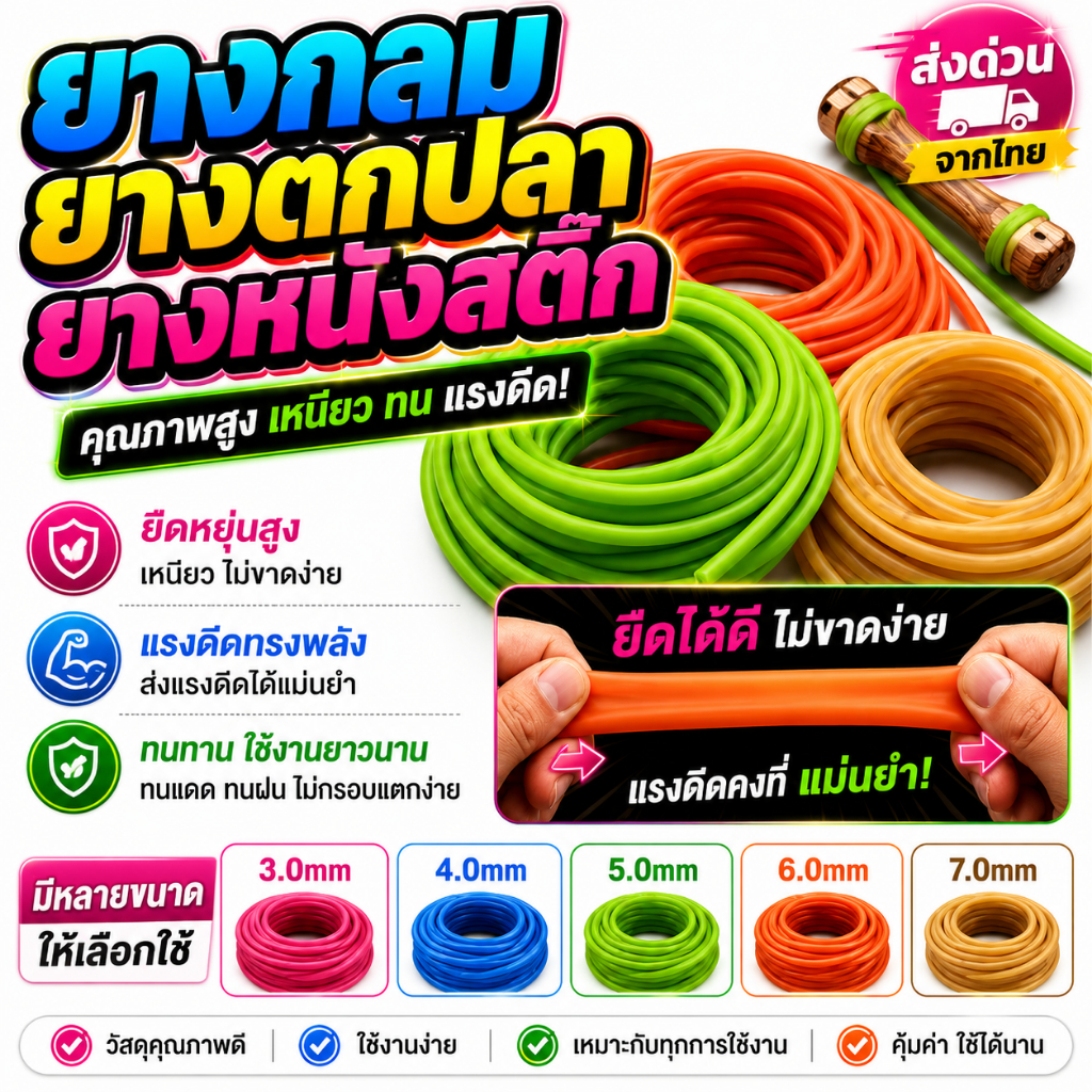 ยางกลม ยางตกปลา ยางหนังสติก ยางกลมอเนกประสงค์ คุณภาพสูง หนา 4 / 5 / 6 มม. เหนียว ทนแรงดึง ยาว 1เมตร