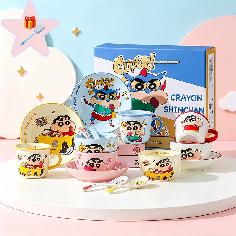 Shinchan ชุดเครื่องใช้บนโต๊ะอาหารเซรามิก ชุดช้อนส้อม 4 ชิ้น เหมาะสำหรับเตาไมโครเวฟ บรรจุภัณฑ์ที่สวยงามประณีต บรรจุภัณฑ์ท