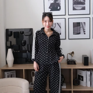 Lawyer Store | [767345] [767345-2] (ขายแยกชิ้น) ชุดเซ็ท เสื้อแจ็คเก็ต ลายจุด ชายระบาย กางเกงเอวยืดขายาว ลายจุด แถบข้าง ล