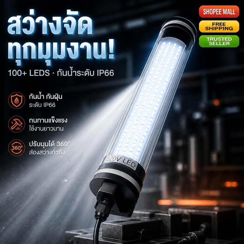 ไฟทำงานเครื่องจักร LED 220V กันน้ำกันฝุ่นระดับ IP66 ปรับมุมได้ 360° สว่างจัด สำหรับเครื่องกลึง เครื่องกัด CNC