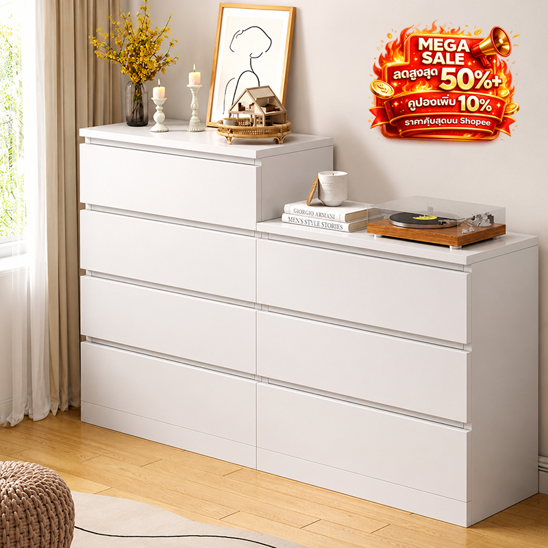 【สีขาว/สีไม้】ตู้ลิ้นชักไม้Ikea ตู้เตี้ย 5/4/3ชั้น White ดีไซน์เรียบหรู ตกแต่งบ้าน จับคู่กับห้องนอน