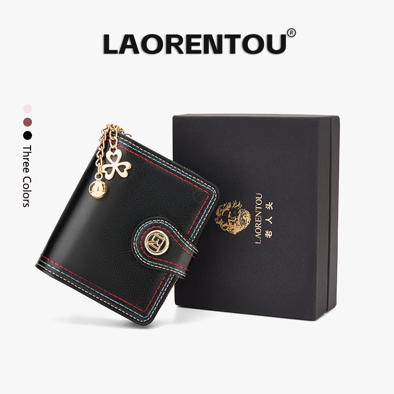 LAORENTOU กระเป๋าใส่บัตรสั้นสำหรับสุภาพสตรี สไตล์วินเทจ ช่องเสียบการ์ด16 ช่อง ไวน์แดง/ดำเป็นตัวเลือก
