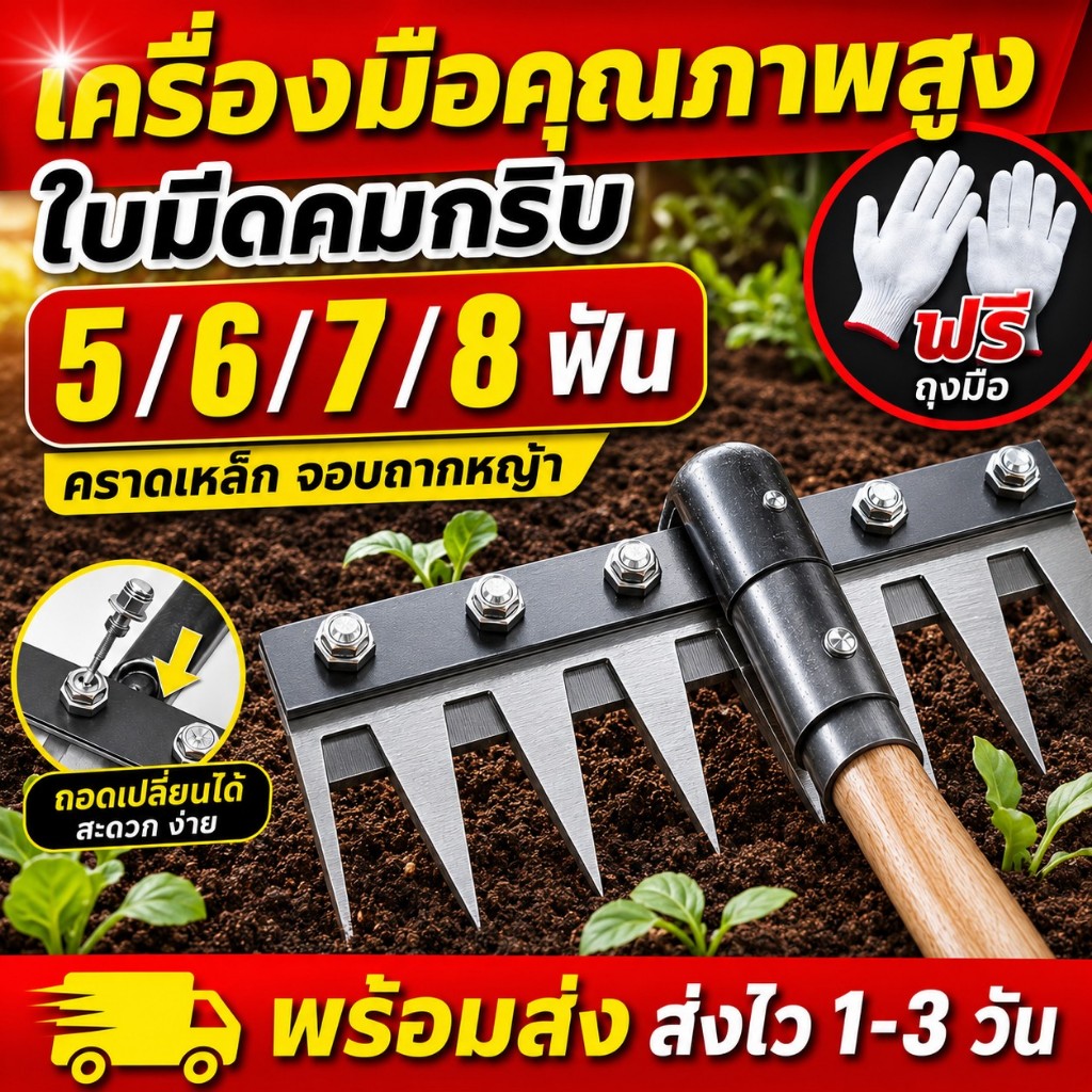 🔥คมทน! คราดเหล็ก 8 ฟัน คราดหญ้าเหล็ก มีด้ามจับ แข็งแรง ทนทาน ไม่งอง่าย ใช้ถอนหญ้า พรวนดิน ทำสวน 2 ฟังก์ชันใน 1 เดียว