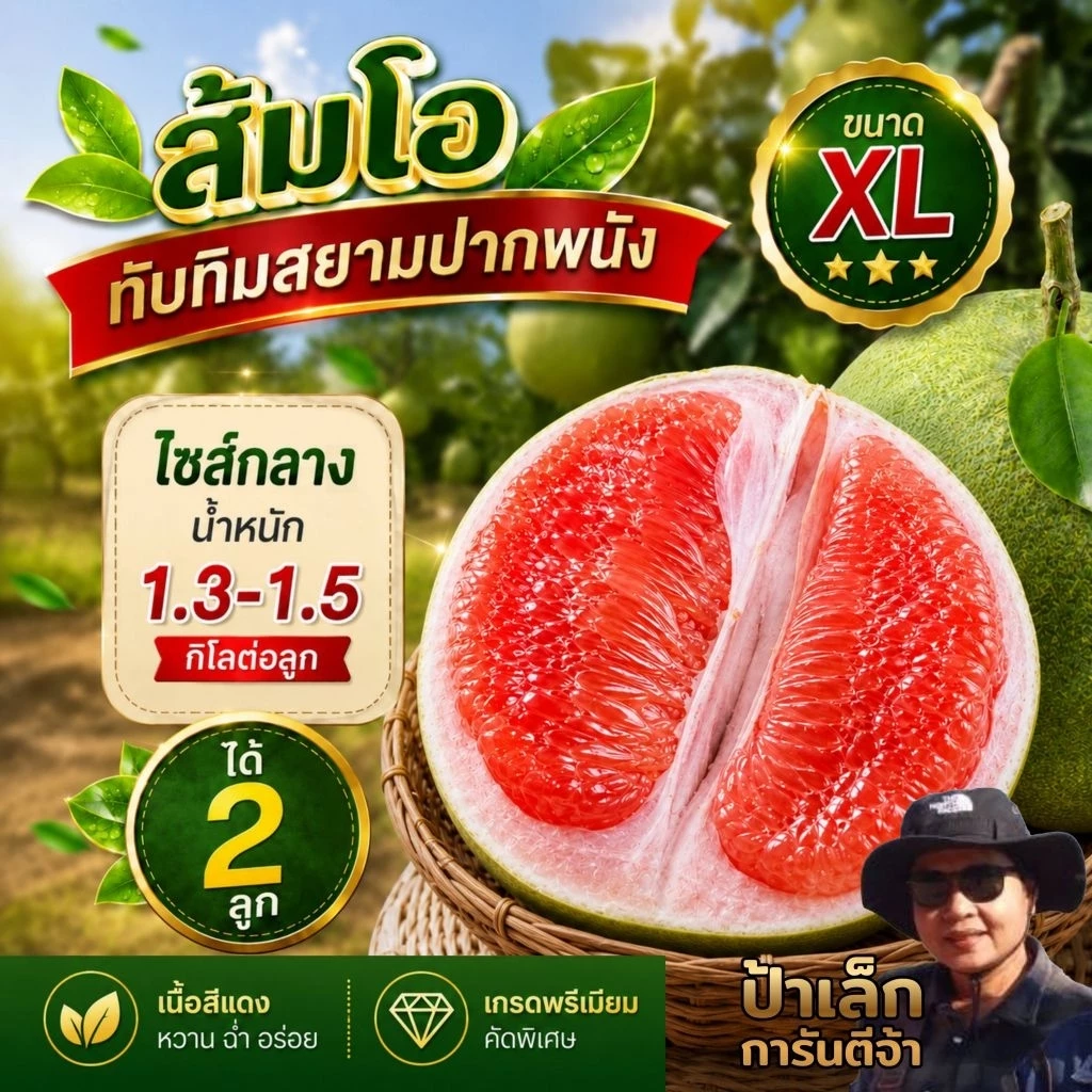 ส้มโอทับทิมสยามปากพนัง ไซส์ XL 2ลูก น้ำหนัก 1.3- 1.5 กก./ต่อลูก จากสวนป้าเล็กขี้ลืม