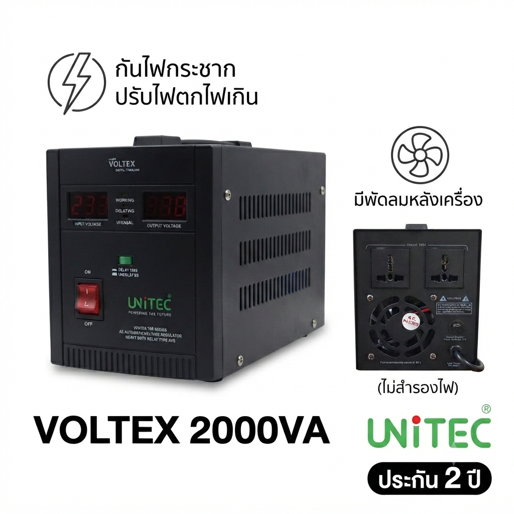 STABILIZER VOLTEX 2000VA (มีพัดลม) ตัวช่วยคุมไฟตก-ไฟเกิน อุ่นใจ ป้องกันไฟกระชาก ประกันศูนย์ 2 ปี (ไม่สำรองไฟ)
