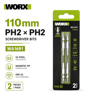 ดอกไขควง WORX PH2 x PH2 ดอกสว่านแม่เหล็ก เหล็ก S2 HRC62 ขนาด 65/85/110mm 2 ชิ้น/แพ็ก