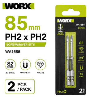 ดอกไขควง WORX PH2 x PH2 ดอกสว่านแม่เหล็ก เหล็ก S2 HRC62 ขนาด 65/85/110mm 2 ชิ้น/แพ็ก