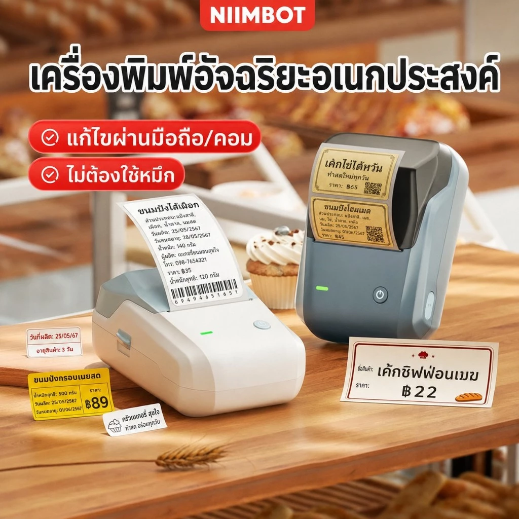 NIIMBOT B1 เครื่องพิมพ์ฉลากบลูทูธ ไม่ใช้หมึก สำหรับร้านเบเกอรี่ ป้ายราคา บาร์โค้ด วันผลิต-หมดอายุ รองรับฉลาก 20-50 มม