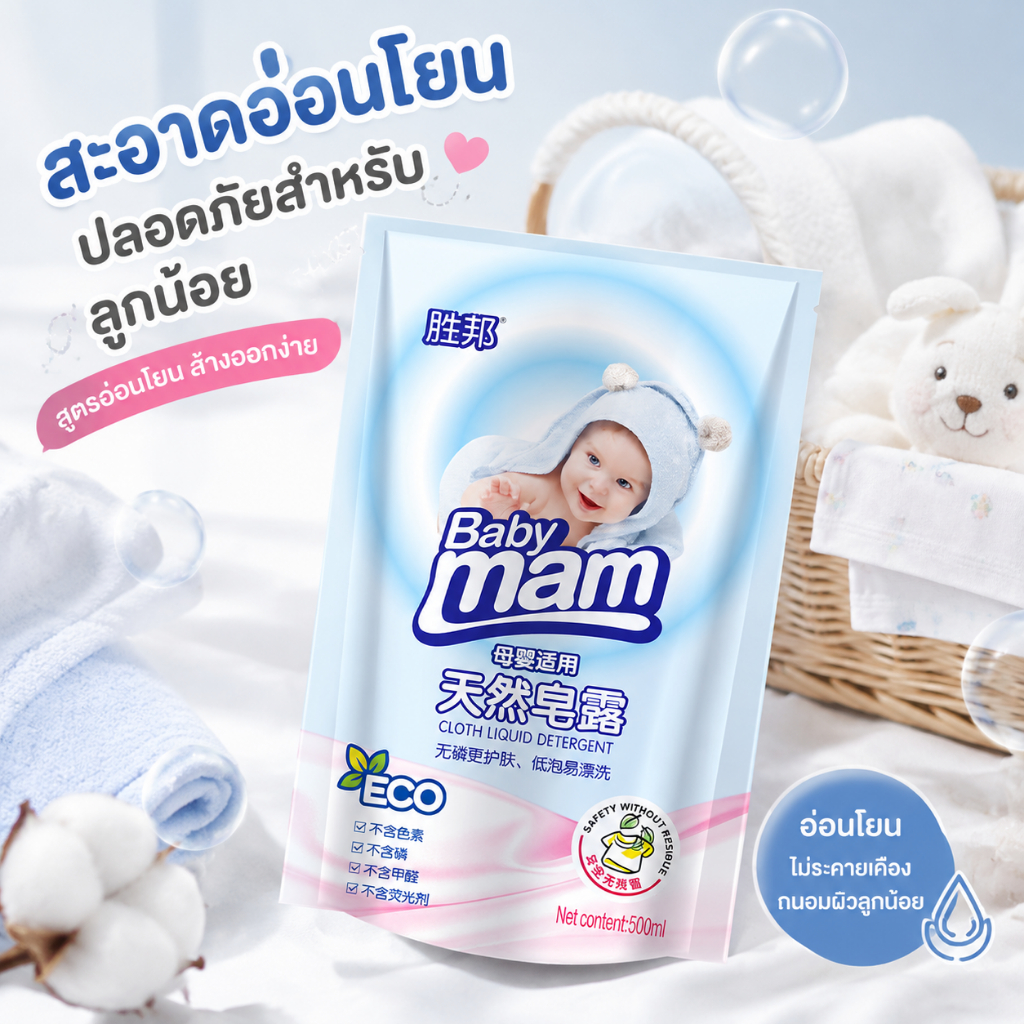 น้ำยาซักผ้าเด็ก น้ำยาปรับผ้านุ่ม สูตรออร์แกนิค กลิ่นหอม อ่อนโยน ชนิดถุงเติม 500ml